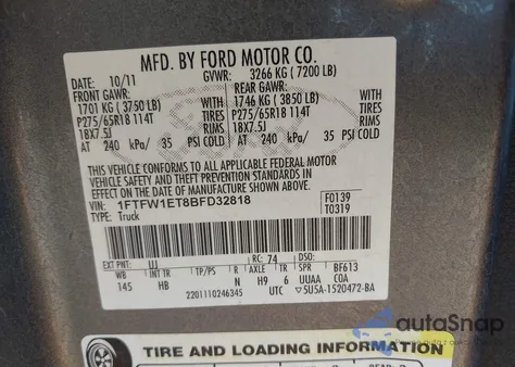 2011 Ford F-150 Lariat from USA, damaged, VIN 1FTFW1ET8BFD32818